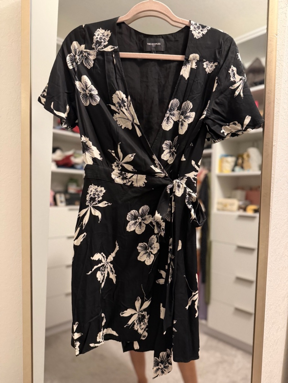 The Kooples Black and Ivory Floral Wrap Mini Dress